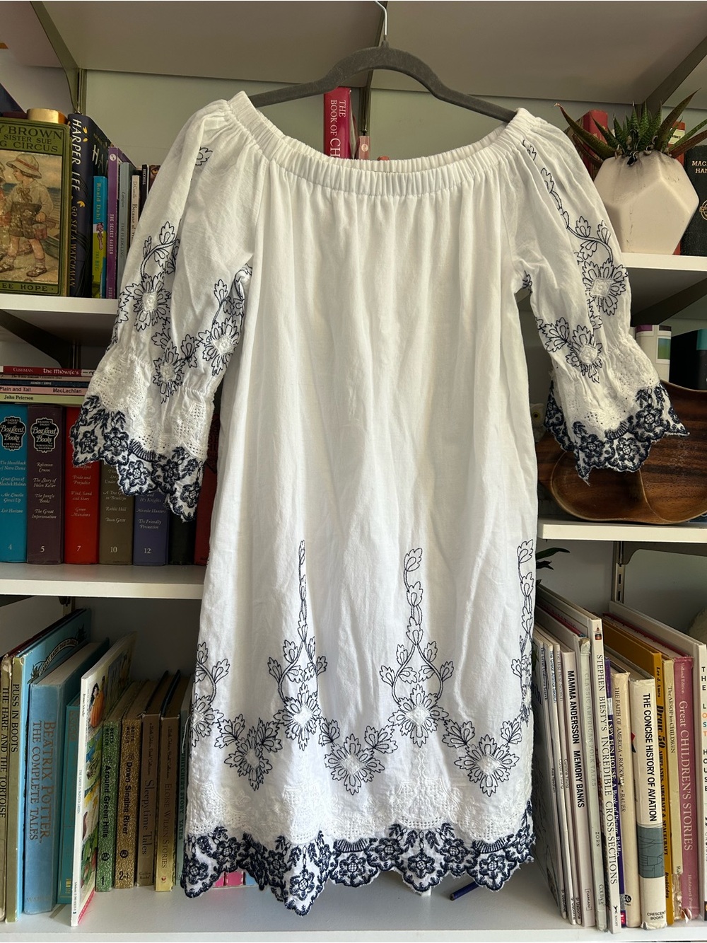 White Off-Shoulder Embroidered Midi Dress with Navy Floral Trim